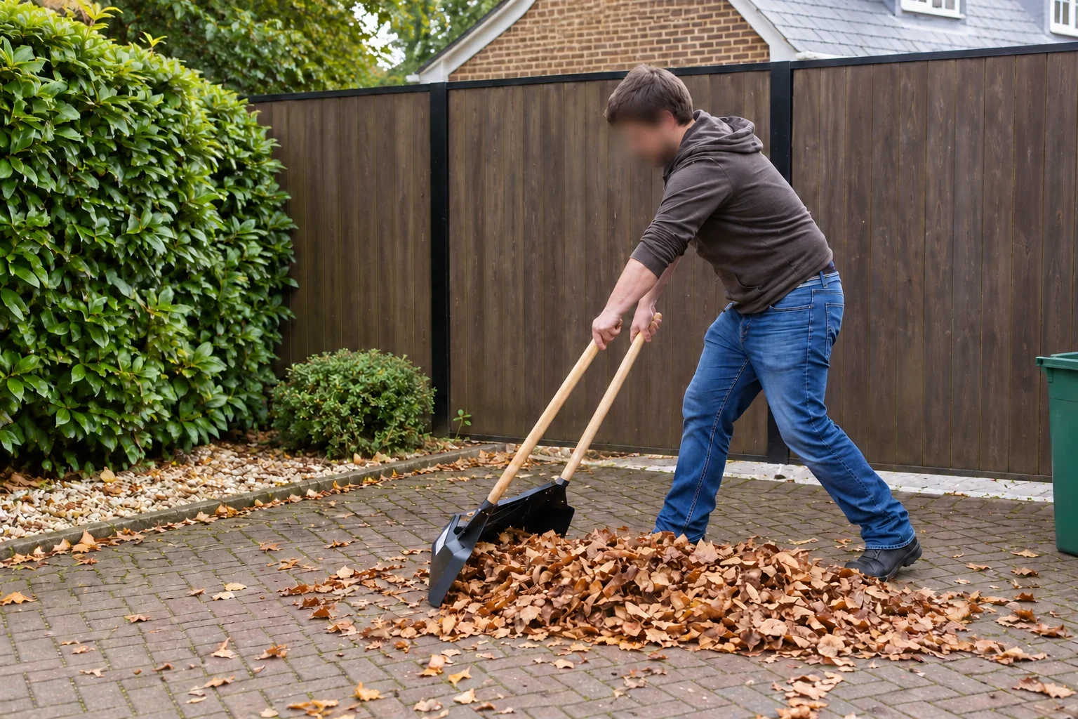 Clear N Collect raking leaves; person’s face softened