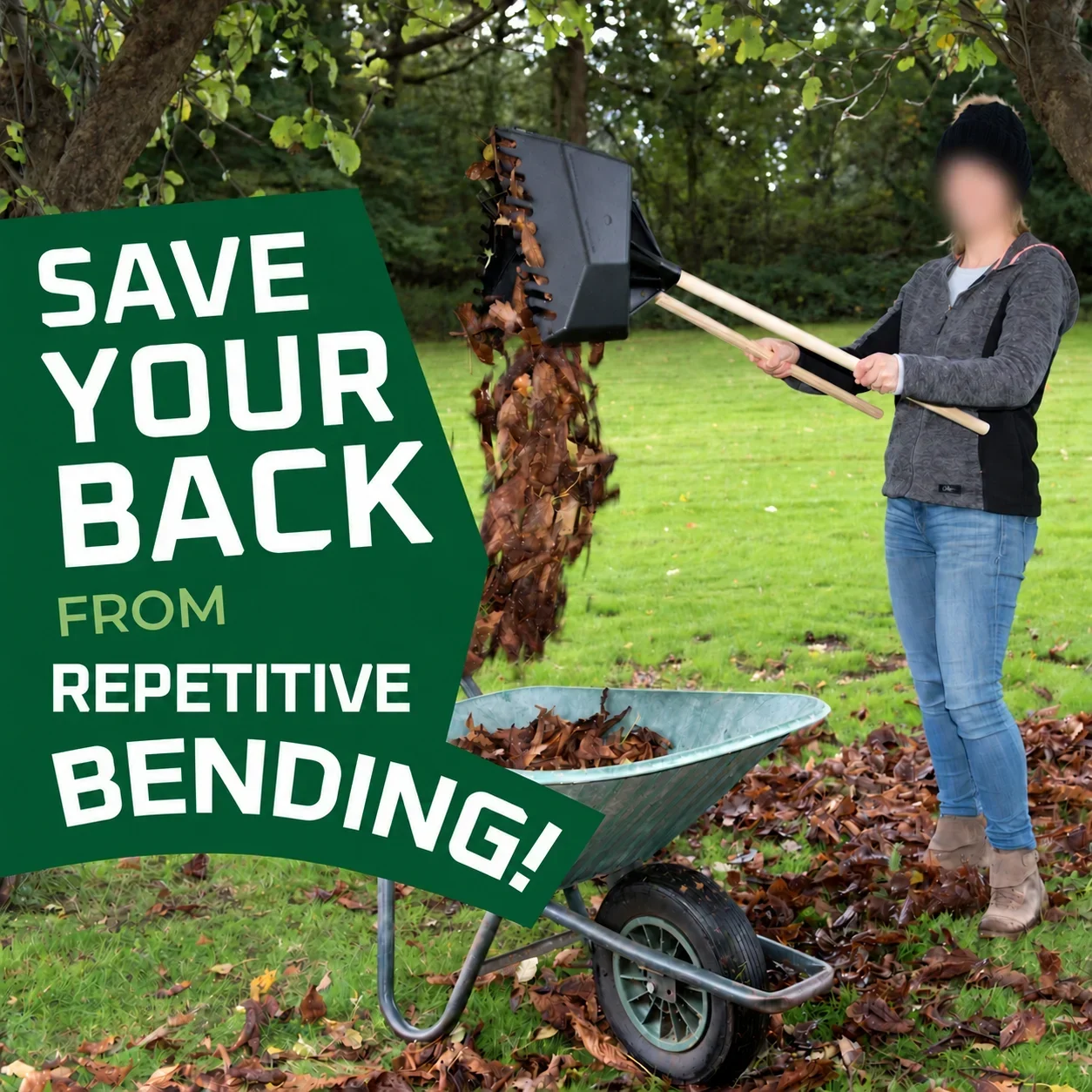 Face-softened photo of gathered leaves emptied into a wheelbarrow