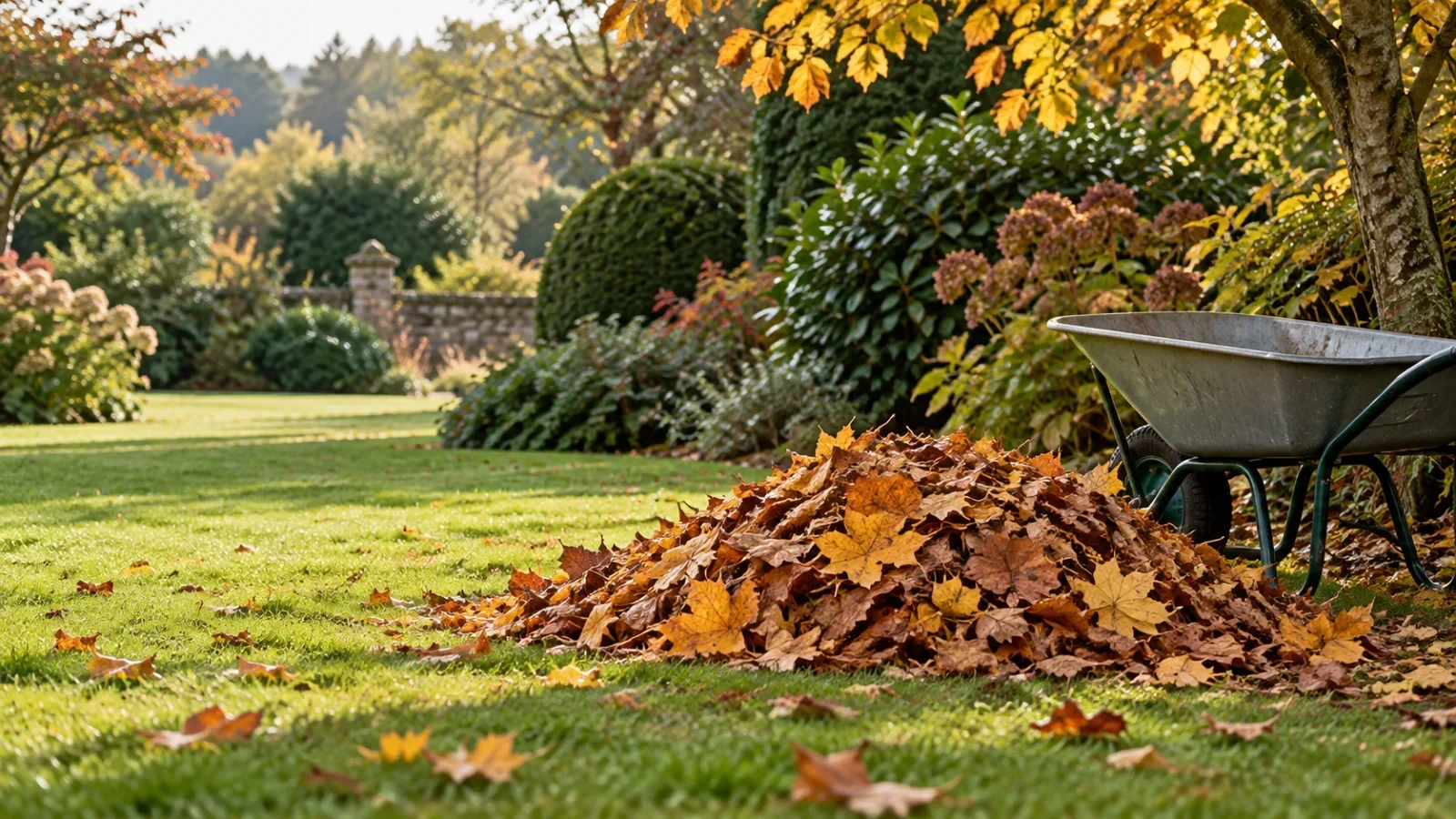 Autumn leaves beside a wheelbarrow