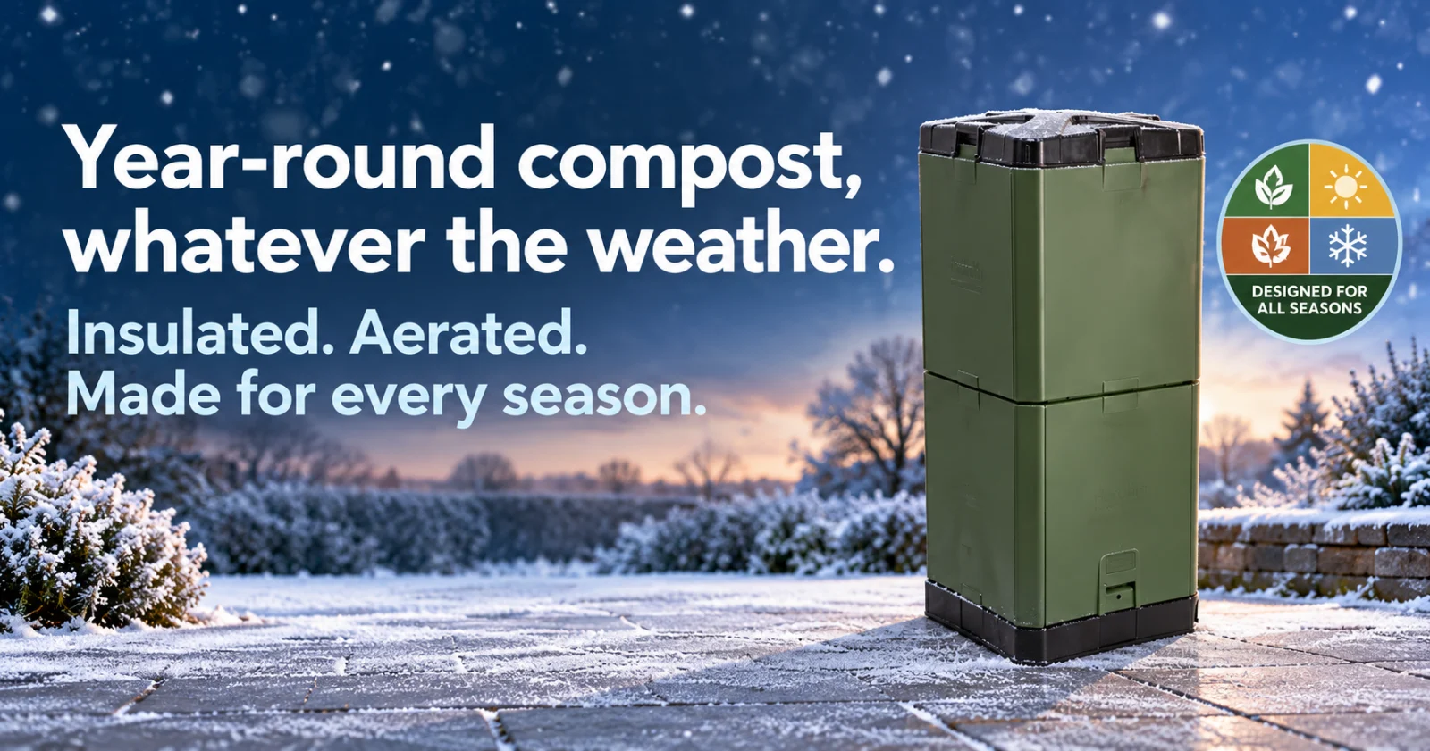 Designed winter artwork featuring the olive-green Aerobin and the words Year-round compost, whatever the weather.