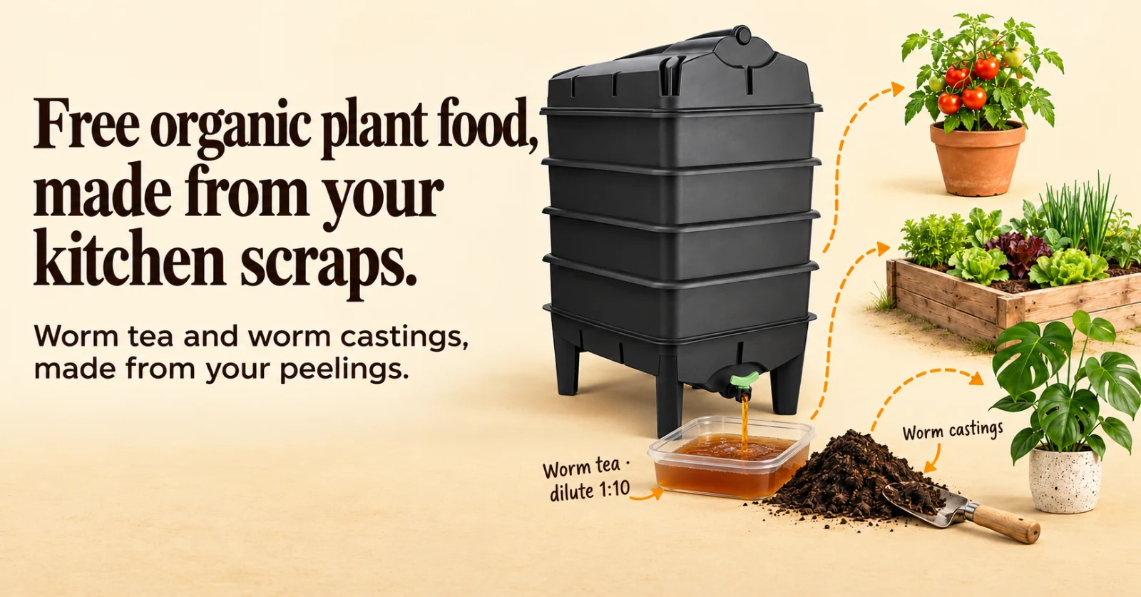 Dark-grey Tiger Wormery with a shallow liquid collection tray, castings and illustrated plant uses.
