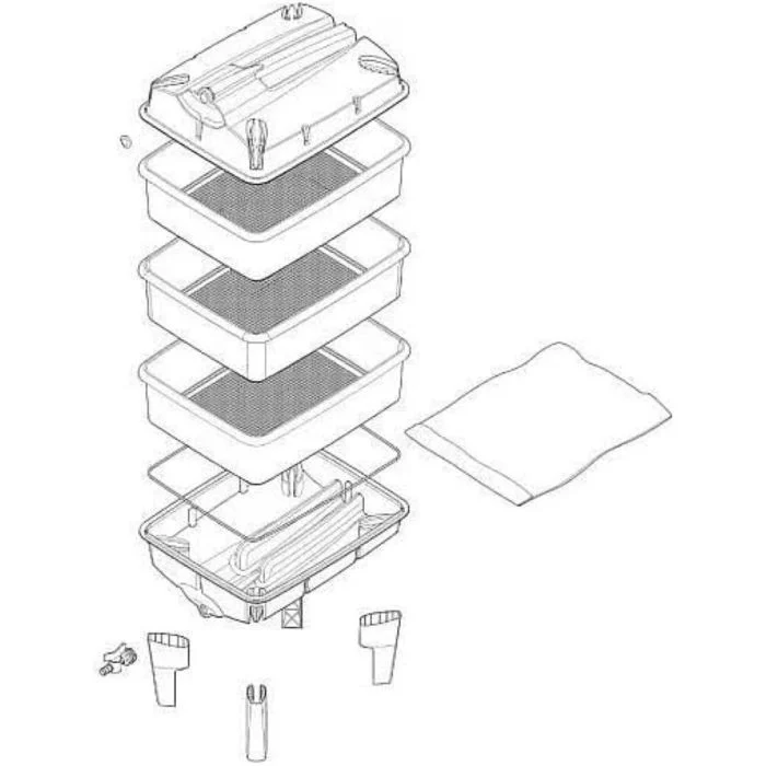 Supplier exploded drawing showing the wormery lid, trays, filter, sump, tap and legs.