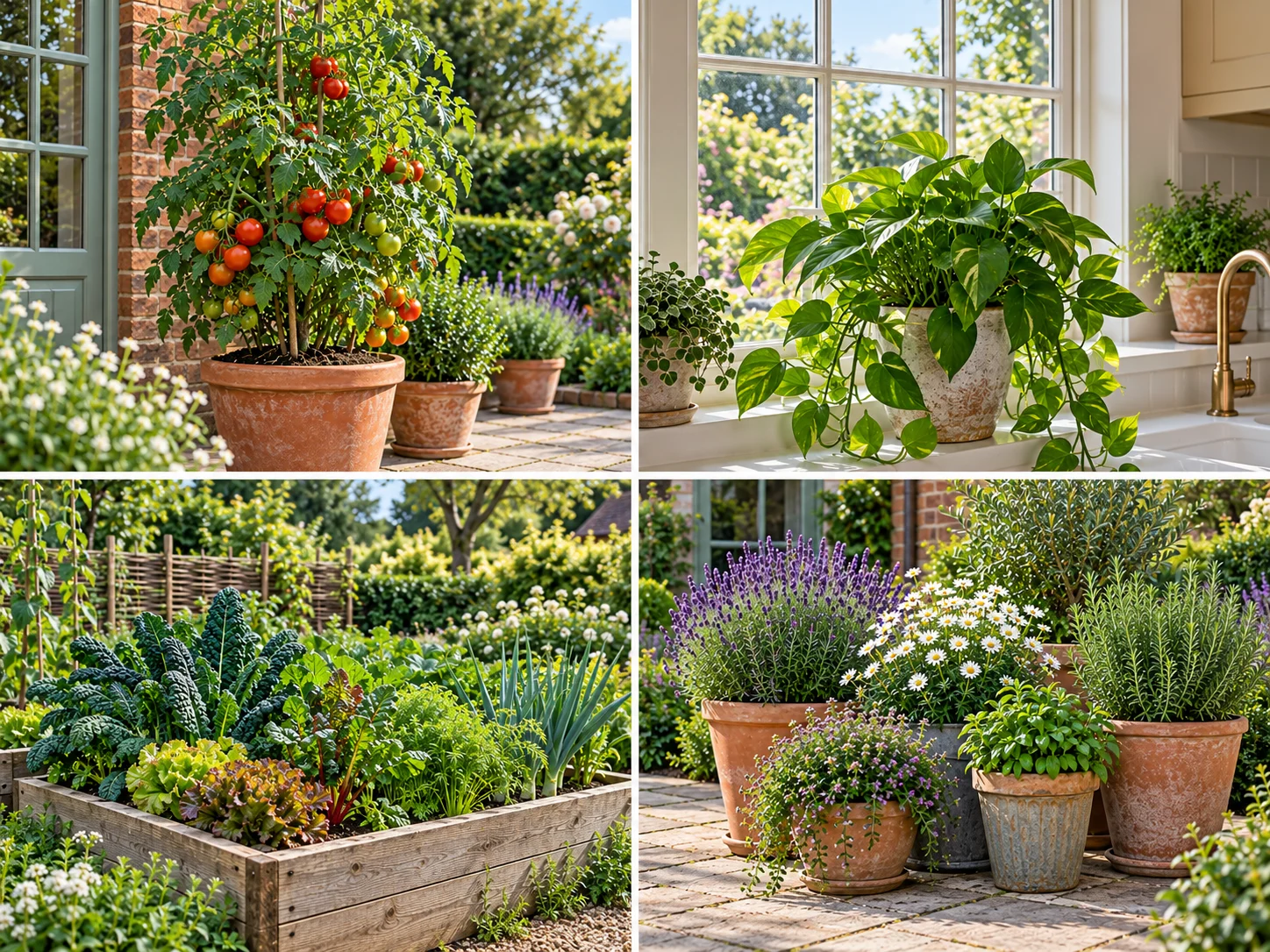 Illustrative four-panel image: tomatoes, a windowsill houseplant, raised vegetables and garden containers.